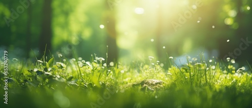Summer Beautiful spring perfect natural landscape background  Defocused green trees in forest with wild grass and sun beams  Generative AI