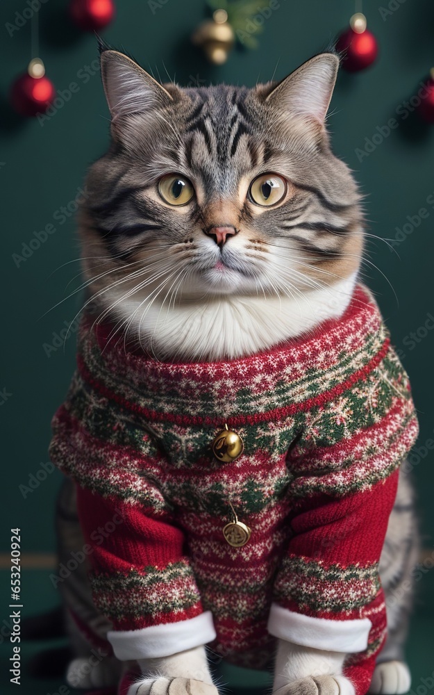 Portrait of a grey tabby cat wearing a red Christmas sweater with a green and white Nordic pattern Portrait of a grey tabby cat wearing a red Christmas sweater with a green and white Nordic pattern