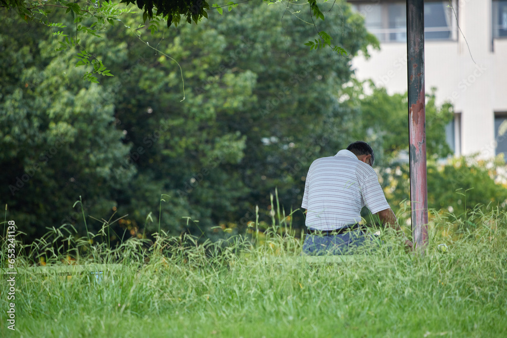 夏の公園のベンチで休憩しているシニア男性の後姿 夏の公園のベンチで休憩しているシニア男性の後姿