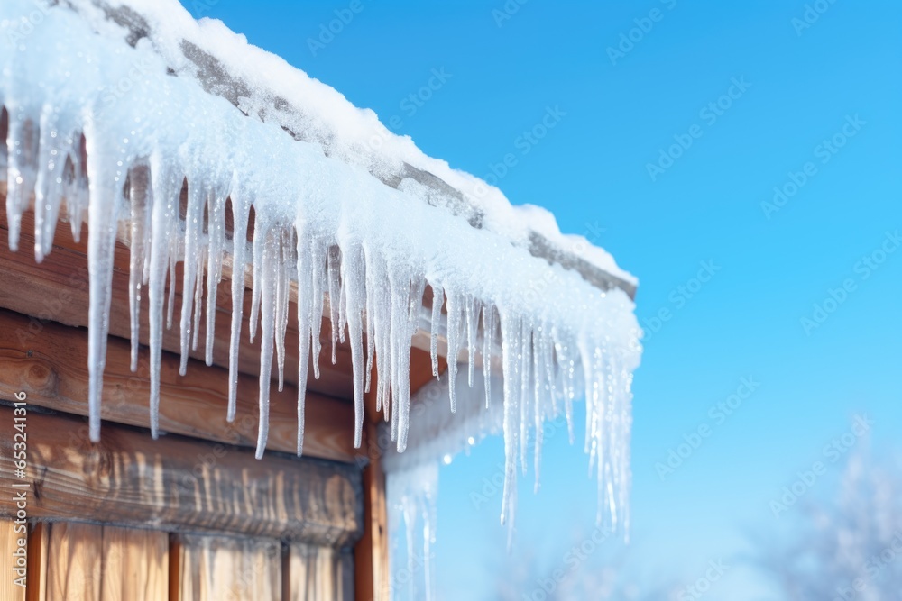 icicles on house roof in cold winter - obrazy, fototapety, plakaty 