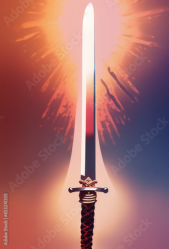 illustrazione di elegante ed affilata spada giapponese circondata da un alone di luce fiammeggiante photo