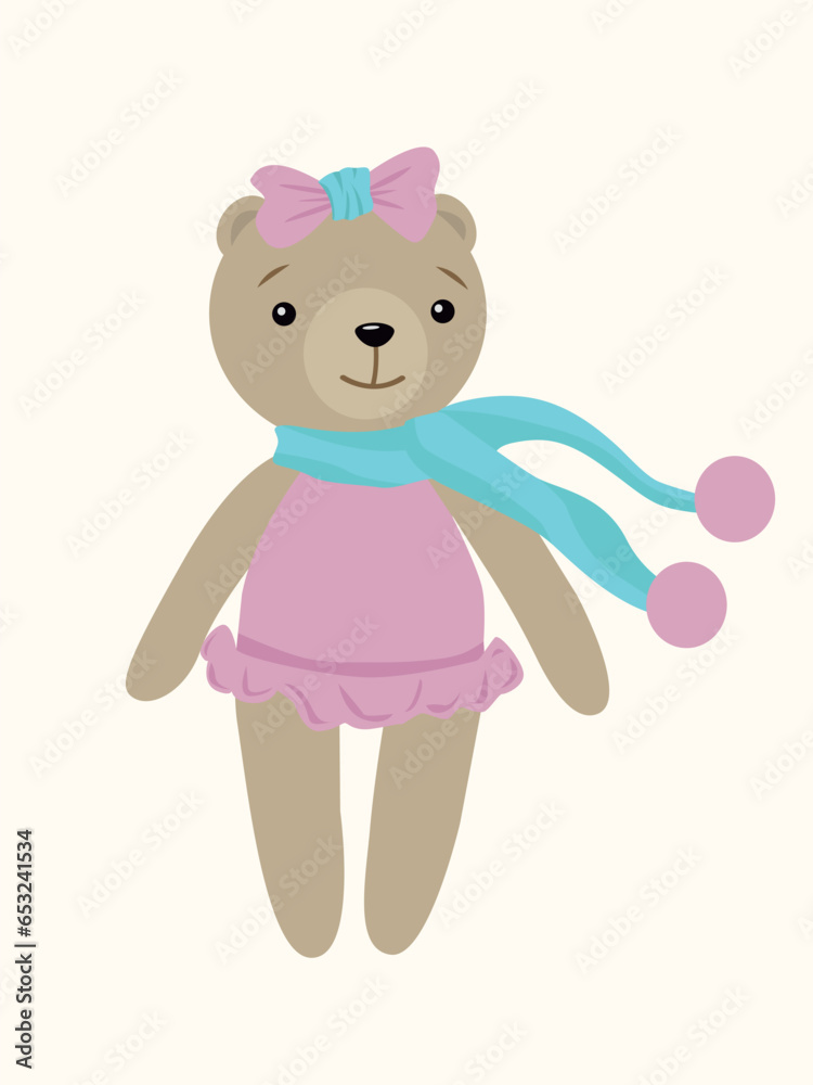 Soft toy in vector. Teddy bear with a scarf. Children's toy. Soft toy in vector. Teddy bear with a scarf. Children's toy.