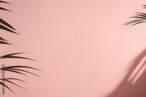 Shadow of palm leaves on pink wall background. Copy space for text.
