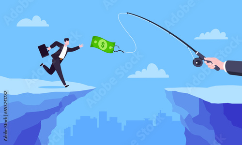 Fishing money chase business concept with businessman running after dangling dollar jumps over the cliff. Working hard and always busy in the loop routine flat style design vector illustration.