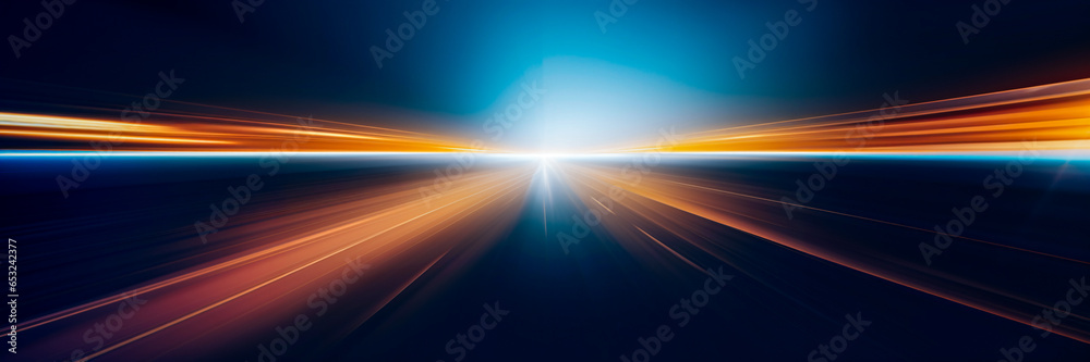 A futuristic abstract background with a bright light at the center. Predominantly blue and orange hues. Sense of depth, perspective and motion with blurred light streaks. Sci-fi or futuristic mood. 