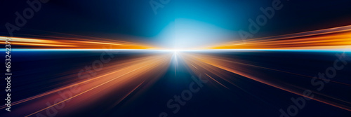 A futuristic abstract background with a bright light at the center. Predominantly blue and orange hues. Sense of depth, perspective and motion with blurred light streaks. Sci-fi or futuristic mood. 