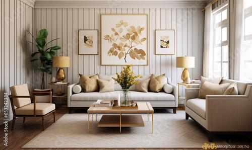 Farmhouse interior design for a modern living room featuring an elegant sofa, artwork, table, and stylish decor © Taha