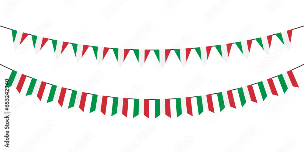 Flag garlands. Festive bunting. Triangle banners with the Italian flag. Birthday decoration. Background decor for celebration in Italy. Flat color. Vector sign. - obrazy, fototapety, plakaty 