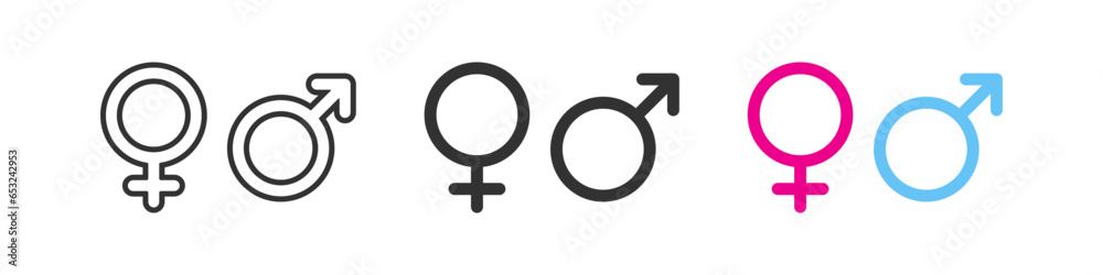 Gender icon. Relationship symbol. Male, female signs. Woman, man symbols. Masculine, feminine icons. Black, pink, blue color. Vector sign. Gender icon. Relationship symbol. Male, female signs. Woman, man symbols. Masculine, feminine icons. Black, pink, blue color. Vector sign.