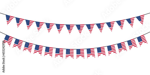 Flag garlands. Festive bunting. Triangle banners with the USA flag. Birthday decoration. Background decor for celebration in America. Flat color. Vector sign.
