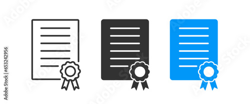 Certificate icon. Diploma symbol. Award document signs. Education degree symbols. License, qualification icons. Black, blue color. Vector sign.