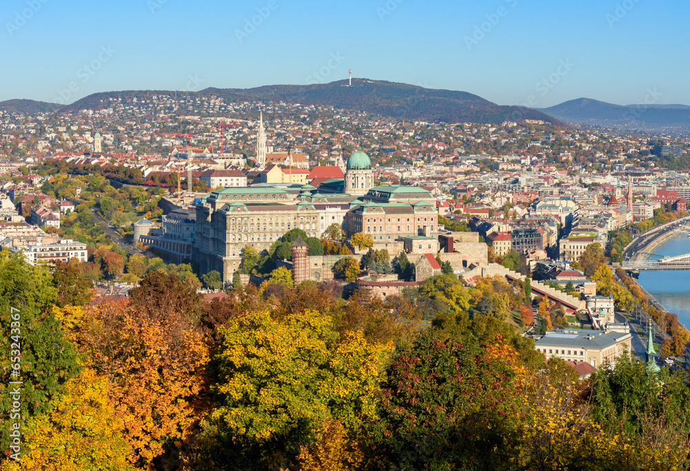 Budapest autumn cityscape with Royal palace of Buda and Matthias church, Hungary
