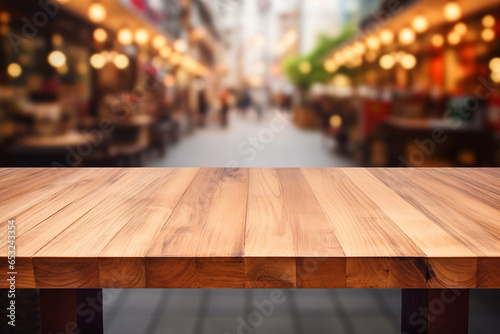 Top surface wood table with blurred grocery store background.