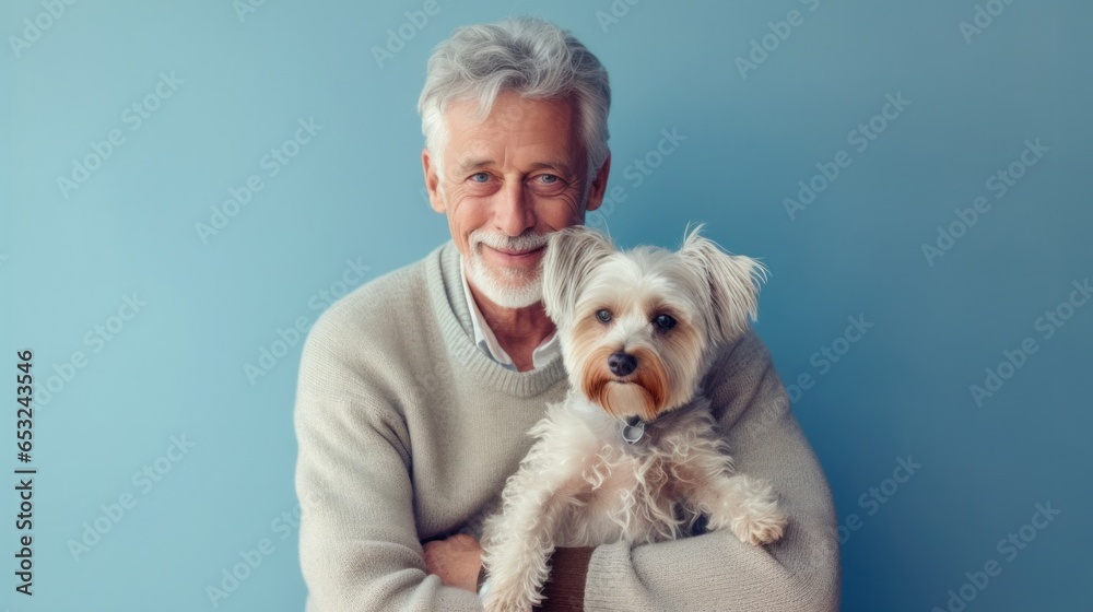 A smiling senior man and his furry friend pose in a studio against a light background. A smiling senior man and his furry friend pose in a studio against a light background.