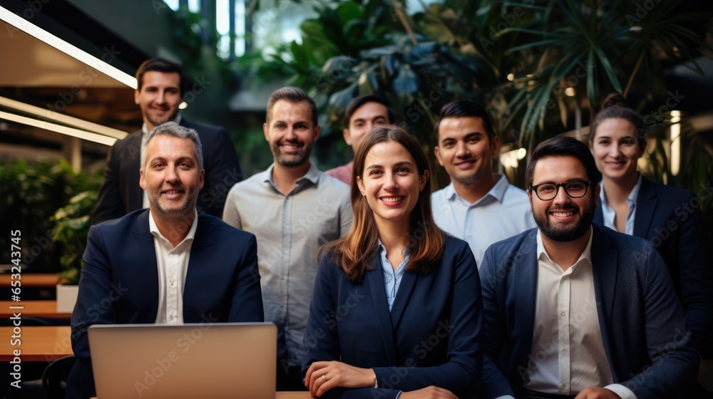 Fototapeta premium A team of professionals, both men and women in a modern office pose for a group photo while working on laptops, Generative AI