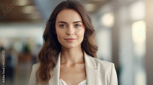 a business woman in light cream, beautiful confident woman in office with blurred staff working background, Generative AI