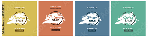 Four Seasons sale banner set. Winter, Autumn, Summer, Spring sale, vector social media templates