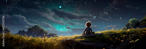 Canvas-taulu stargazer lying on a grassy hill, looking up at a clear night sky filled with twinkling stars and constellations