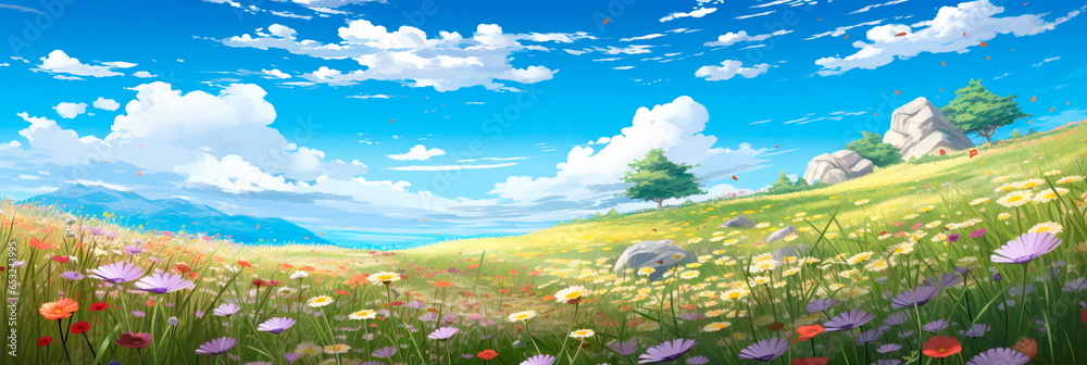 field of wildflowers swaying in the breeze under a clear blue sky. field of wildflowers swaying in the breeze under a clear blue sky.