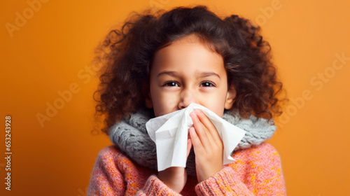 A cute toddler dealing with a runny nose in a portrait.