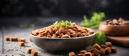 Closeup of natural pet food in feeding bowl on grey table with room for text photo