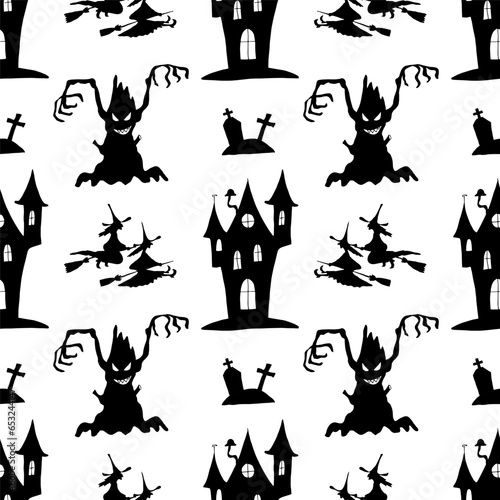 Set of halloween clipart  black silhouettes. Spooky houses  cemetery  halloween trees and witches. Vector illustration  seamless pattern on transparent background.