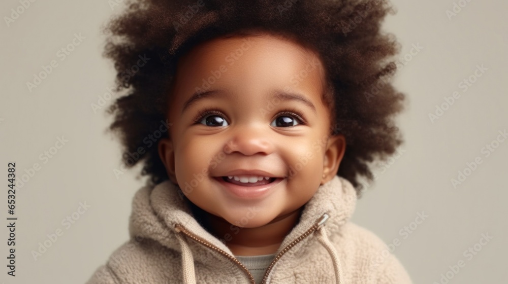 An adorable Afro-American boy beaming with joy in a beige studio setting. An adorable Afro-American boy beaming with joy in a beige studio setting.