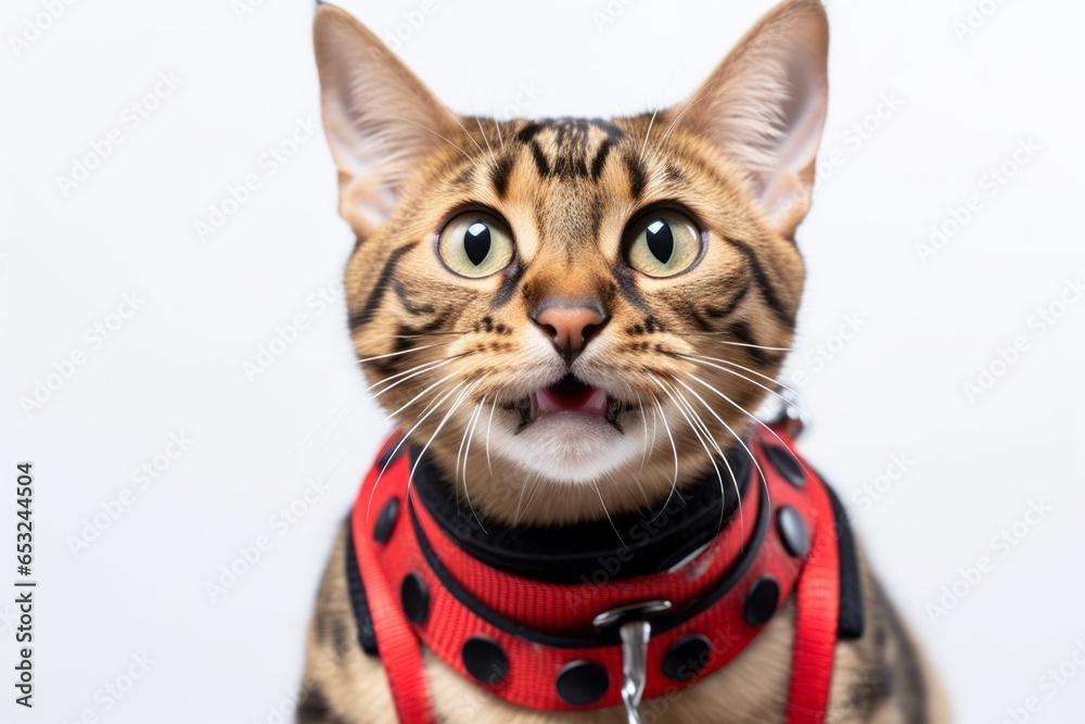 Headshot portrait photography of a smiling havana brown cat wearing a ladybug wings harness against a white background. With generative AI technology