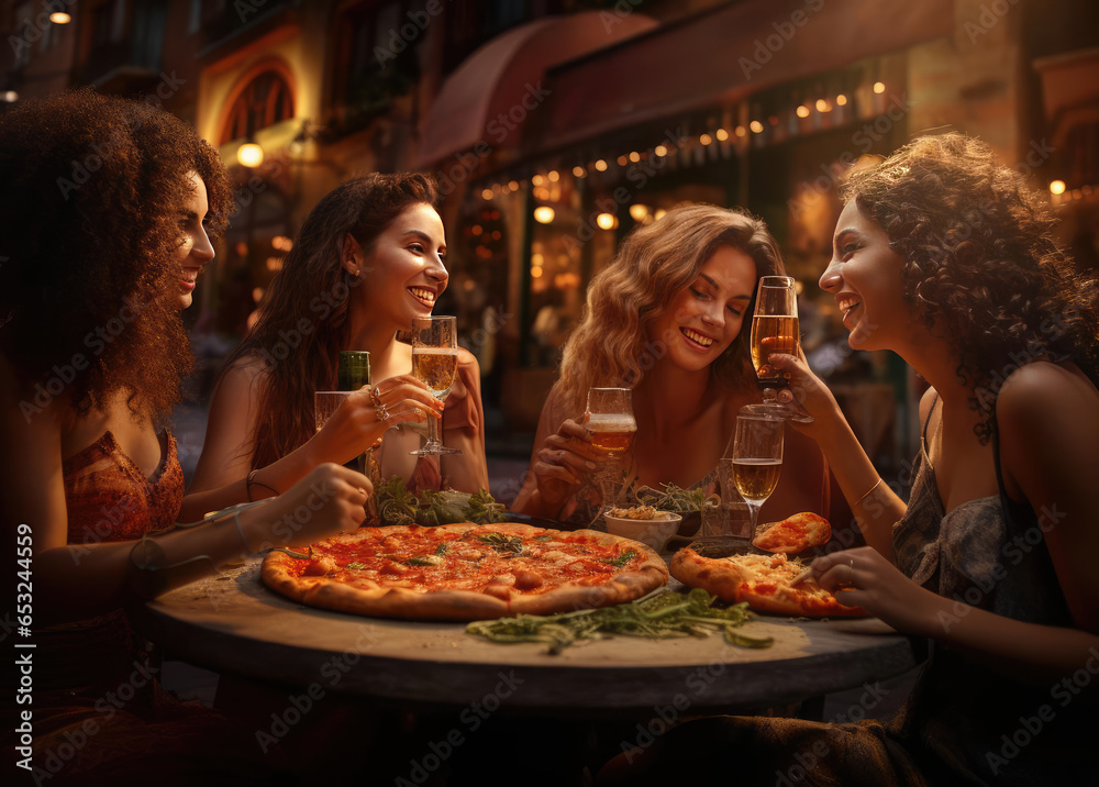 Beautiful women girlfriends in pizzeria