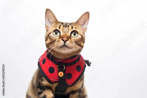 Headshot portrait photography of a smiling havana brown cat wearing a ladybug wings harness against a white background. With generative AI technology © Markus Schröder