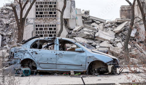 damaged and looted cars in a city in Ukraine during the war