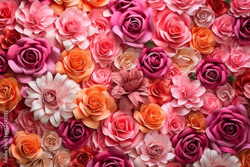 Colorful flower blooms form a romantic, vibrant wall. Pink roses compose a beautiful 3D-rendered floral background. Generative AI