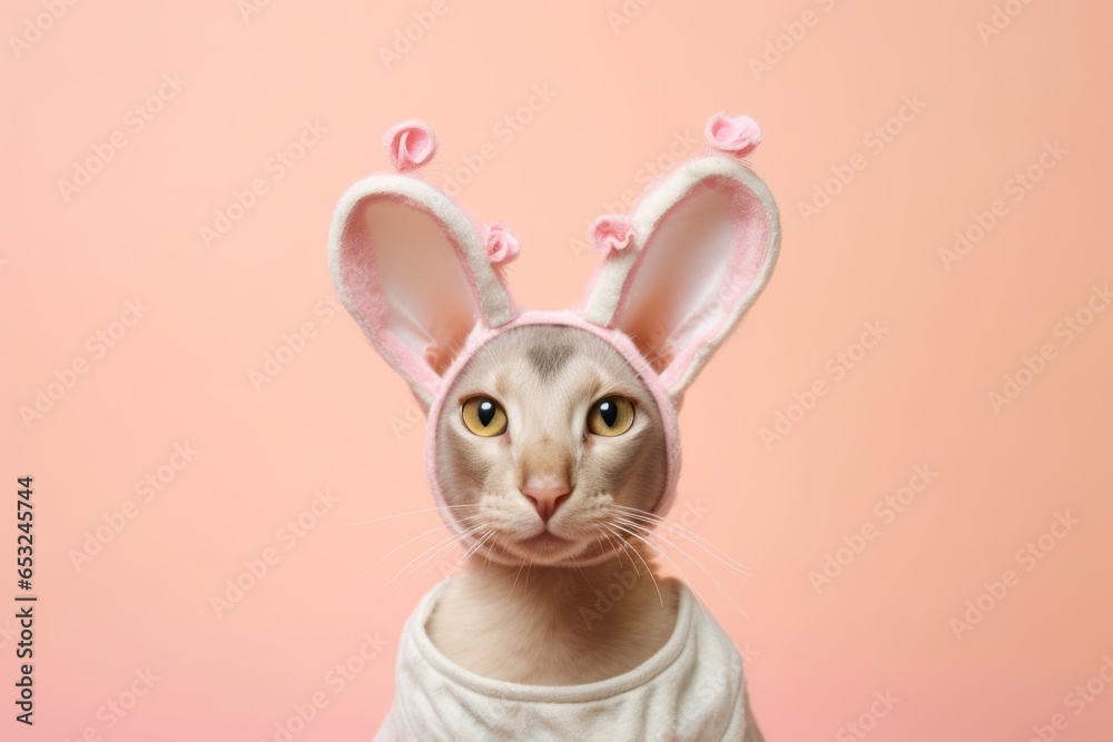 Headshot portrait photography of a funny oriental shorthair cat wearing a lobster outfit against a pastel or soft colors background. With generative AI technology Headshot portrait photography of a funny oriental shorthair cat wearing a lobster outfit against a pastel or soft colors background. With generative AI technology