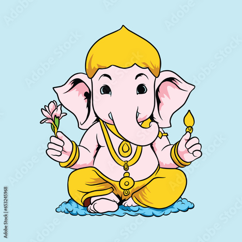 Ganesha god cute character lotus pose, meditation in cartoon style