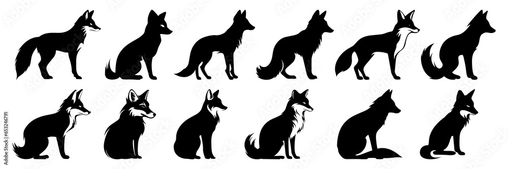 Fox coyote silhouettes set, large pack of vector silhouette design, isolated white background - obrazy, fototapety, plakaty 