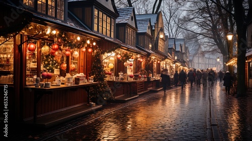 Enchanted Cityscape  Bustling Christmas Market with Twinkling Lights and Festive Stalls in 8K created with generative ai technology