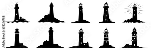 Lighthouse silhouettes set, large pack of vector silhouette design, isolated white background