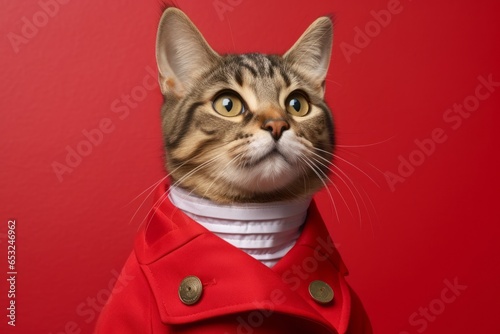 Medium shot portrait photography of a cute havana brown cat wearing a sailor suit against a red background. With generative AI technology © Markus Schröder