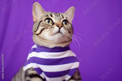 Medium shot portrait photography of a cute american shorthair cat wearing a striped sailor dress against a vibrant purple background. With generative AI technology