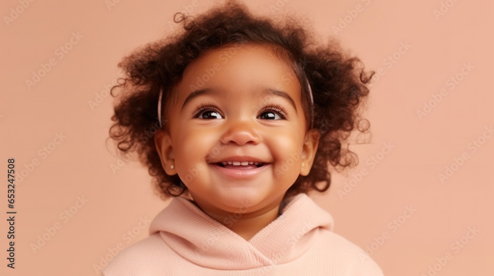 A beaming African American toddler against a light beige backdrop. A beaming African American toddler against a light beige backdrop.
