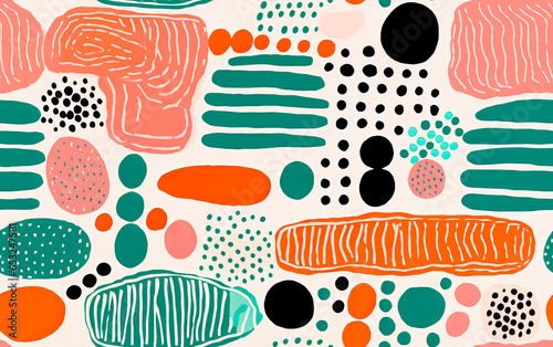 Colorful geometric shapes in Risograph texture or wall art style. Scandinavian Retro colors and shapes for backgrounds. Seamless texture for tiles creations.