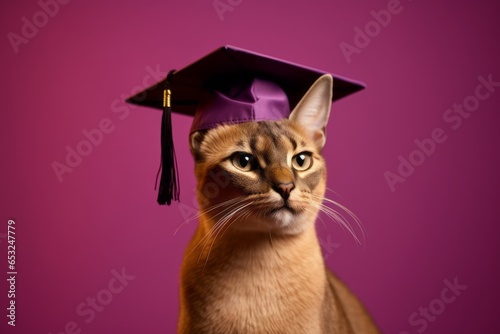 Medium shot portrait photography of a curious caracal cat wearing a graduation cap against a vibrant purple background. With generative AI technology photo