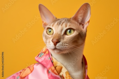 Close-up portrait photography of a happy oriental shorthair cat wearing a pizza slice costume against a pastel pink background. With generative AI technology