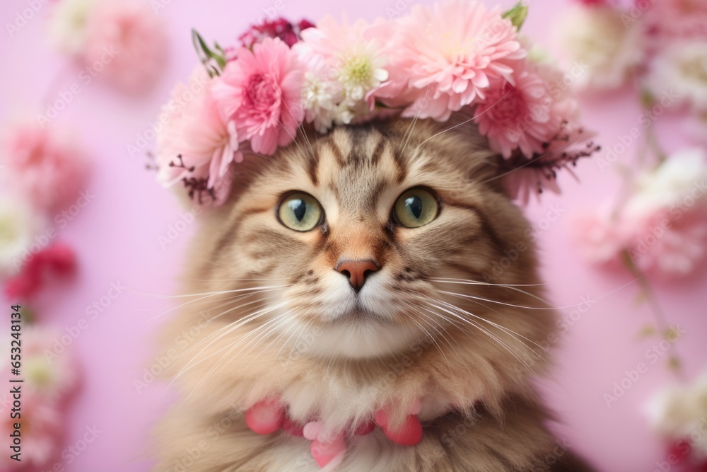 Photography in the style of pensive portraiture of a smiling australian mist cat wearing a flower lei against a pastel pink background. With generative AI technology