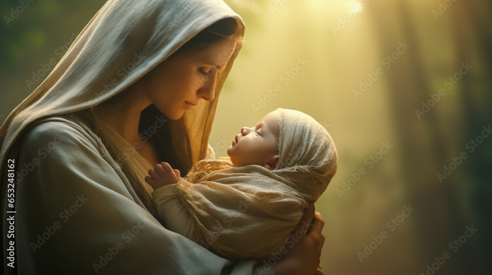 Virgin Mary holding baby Jesus - obrazy, fototapety, plakaty 