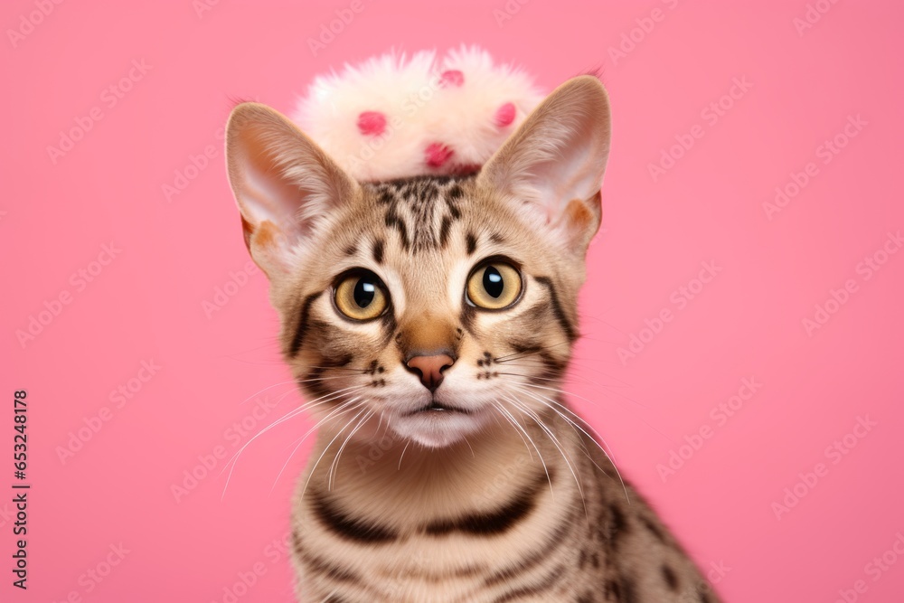 Medium shot portrait photography of a smiling savannah cat wearing a santa hat against a pastel pink background. With generative AI technology Medium shot portrait photography of a smiling savannah cat wearing a santa hat against a pastel pink background. With generative AI technology