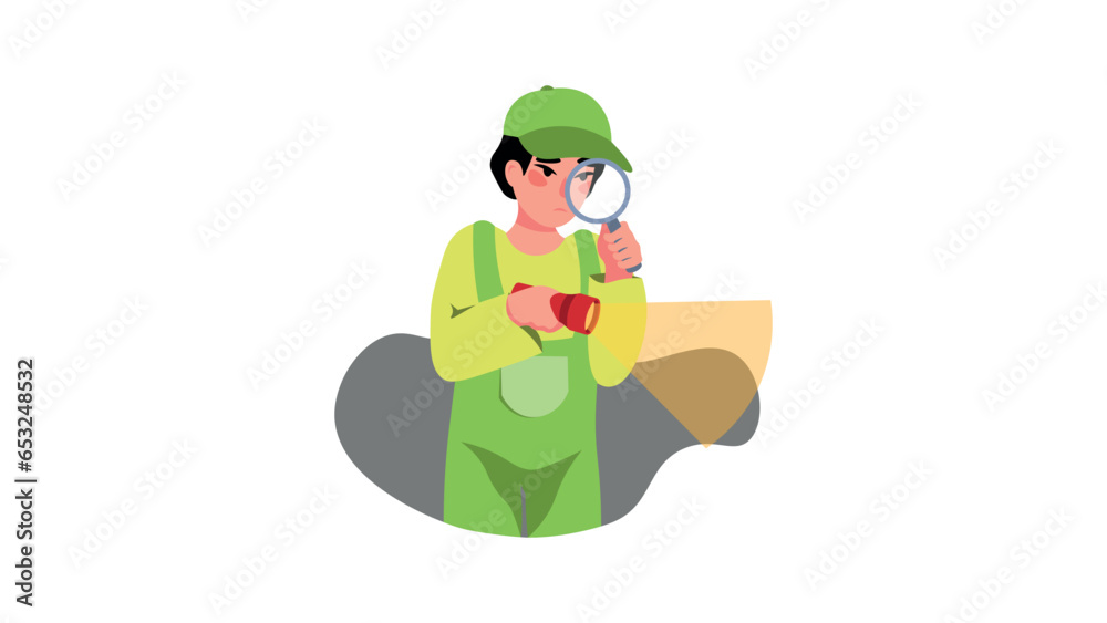 illustration, cartoon, man worker, child, boy, student, employee, merchandise search, search, magnifying glass, green illustration, cartoon, man worker, child, boy, student, employee, merchandise search, search, magnifying glass, green