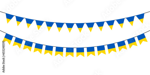 Flag garlands. Festive bunting. Triangle banners with the Ukrainian flag. Birthday decoration. Background decor for celebration in Ukraine. Flat color. Vector sign.