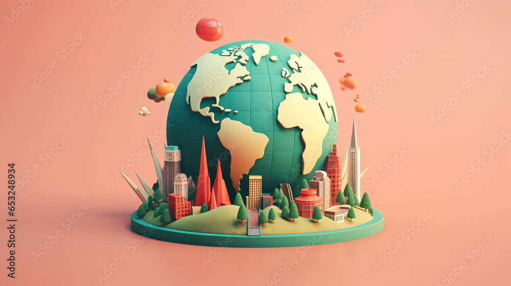 city 3d rendered shapes wit globus on pink background city 3d rendered shapes wit globus on pink background