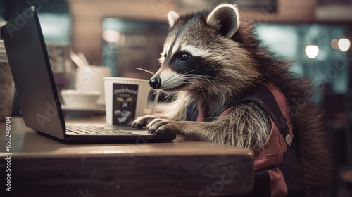 character fuzzy racoon freelancer with laptop on coffeehouse background sitting with coffee